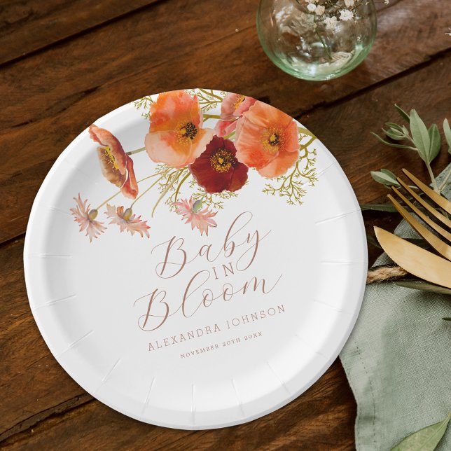 Baby in Bloom Boho Fall Floral Custom Baby Dusche Pappteller (Baby in bloom boho fall floral Baby shower personalized party paper plate Watercolor wildflowers)