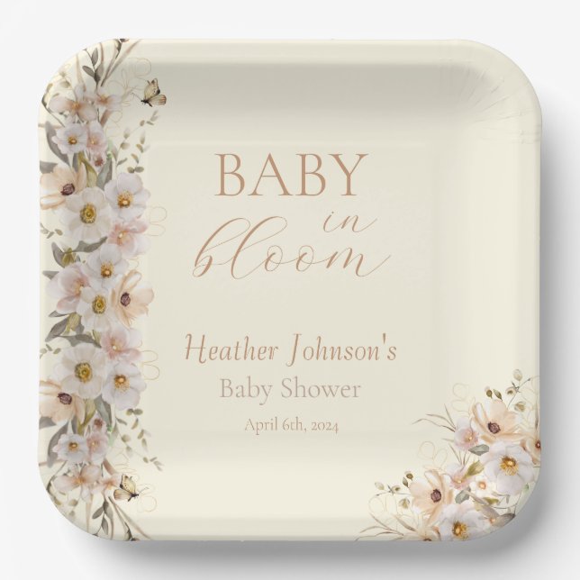 Baby in Bloom Boho Neutral Baby Dusche Pappteller (Vorderseite)