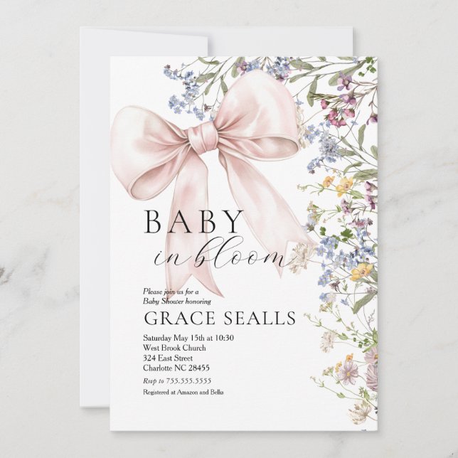Baby in Bloom bow Baby Shower Einladung (Vorderseite)