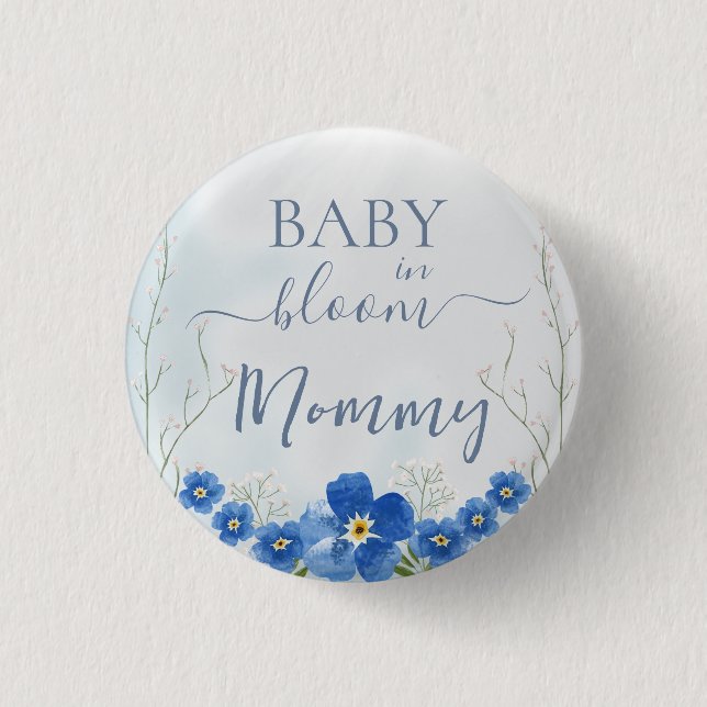 Baby in Bloom Boy Blue Floral Shower Mommy Button (Vorderseite)