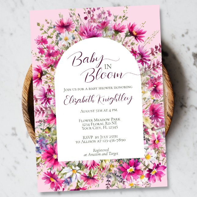 Baby in Bloom Bright Pink Floral Boho Baby Dusche Einladung (Von Creator hochgeladen)