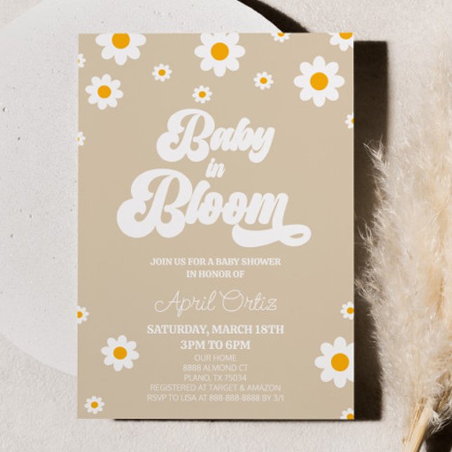 Baby in Bloom Brown Retro Daisy Blume Kinderdusche Einladung (Von Creator hochgeladen)
