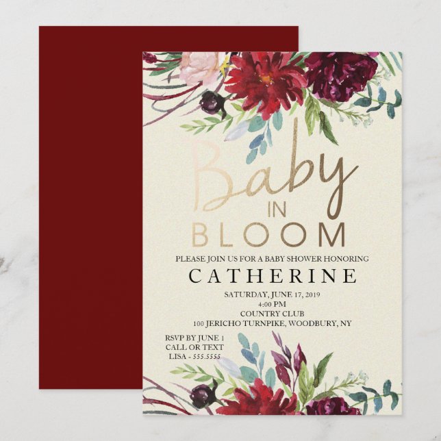 Baby in Bloom, Burgund Floral Baby Dusche Einladung (Vorne/Hinten)