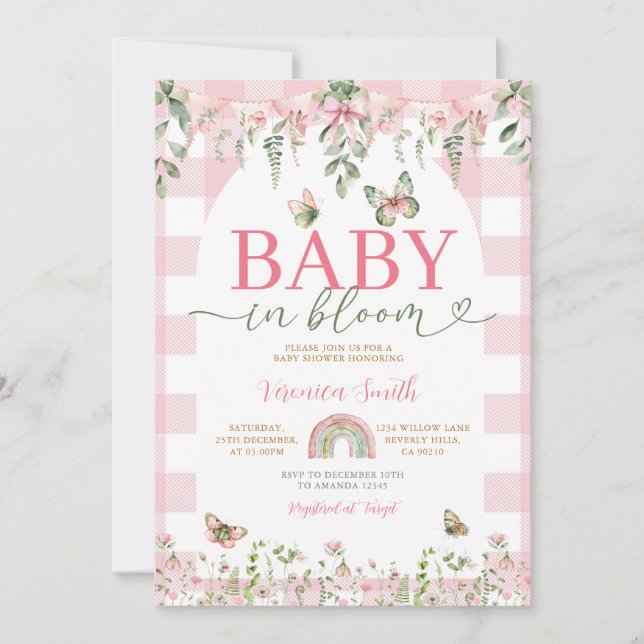 Baby in Bloom Butterfly Pink Bow Baby Shower Einladung (Vorderseite)