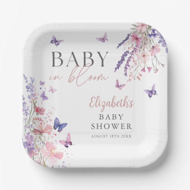Baby in Bloom Butterfly Wildblumen Kinderdusche Pappteller (Vorderseite)