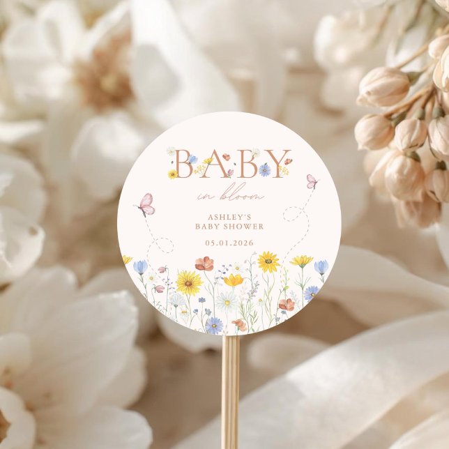 Baby In Bloom Colorful Wildflower Baby Shower Runder Aufkleber (Von Creator hochgeladen)