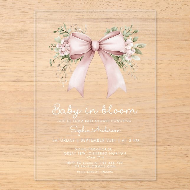 Baby in Bloom Coquette Pink Bow Baby Dusche Acryleinladungen (Vorderseite)