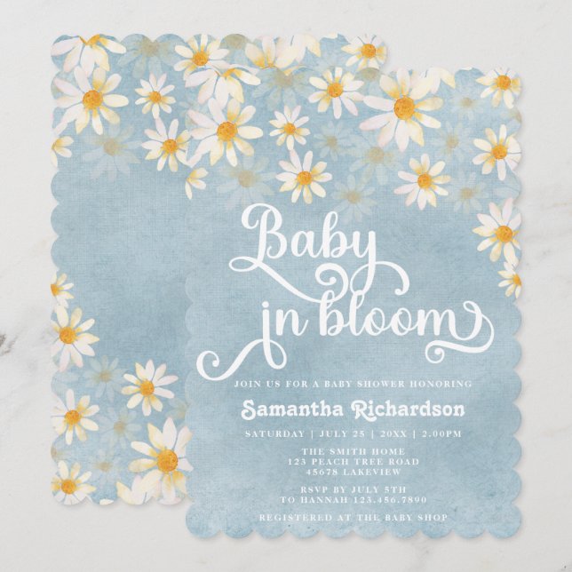 Baby in Bloom Daisy Kinderdusche Einladung (Vorne/Hinten)