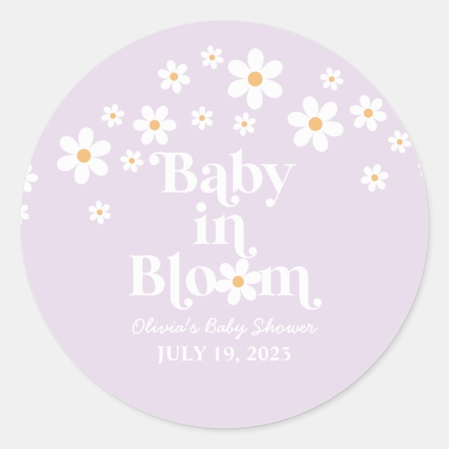 Baby in Bloom Daisy Lavendel Baby Shower Runder Aufkleber (Vorderseite)