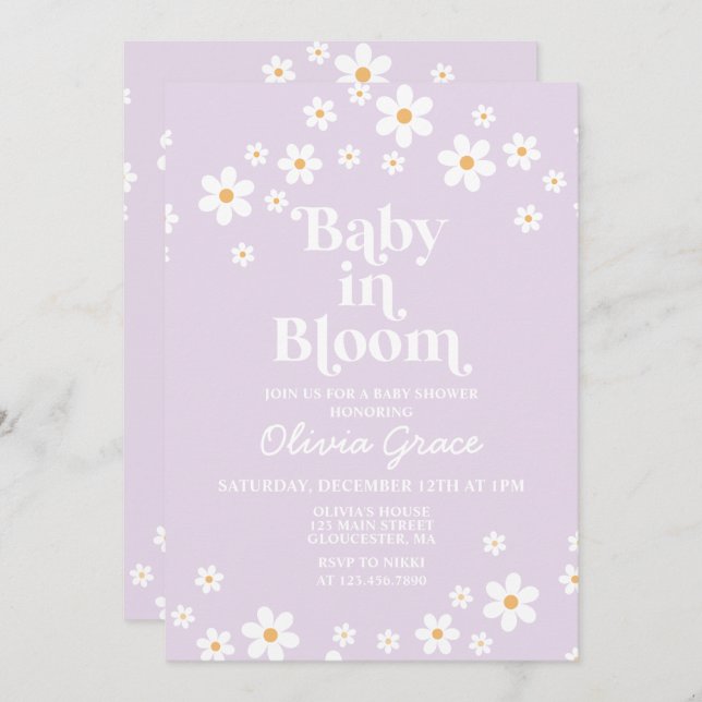 Baby in Bloom Daisy Lavender Retro Baby Dusche Einladung (Vorne/Hinten)