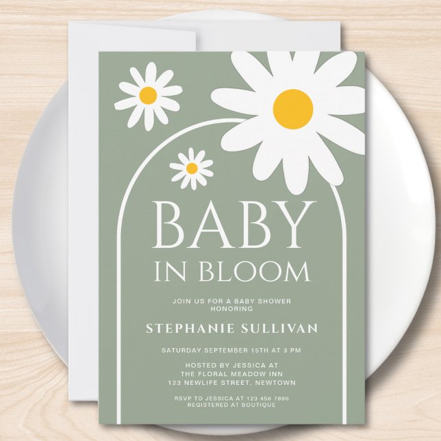Baby in Bloom Daisy Sage Green Baby Shower Einladung (Von Creator hochgeladen)