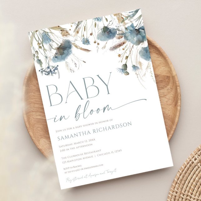 Baby in Bloom Dusty Blue Beige Baby Dusche Einladung (Von Creator hochgeladen)