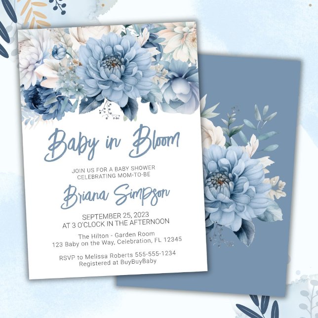 Baby in Bloom Dusty Blue Floral Baby Shower Einladung (Von Creator hochgeladen)