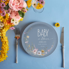 Baby in Bloom Dusty Blue Floral Paper Plate Pappteller