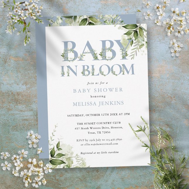 Baby in Bloom Dusty Blue Greenery Baby Dusche Einladung (Baby In Bloom Dusty Blue Greenery Baby Shower Invitation)