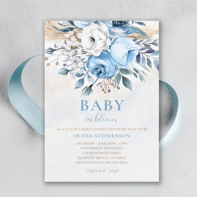 Baby in Bloom Dusty Blue Rose Elegant Baby Dusche Einladung (baby in bloom shower invitation dusty blue roses watercolor garden backyard rustic spring summer)