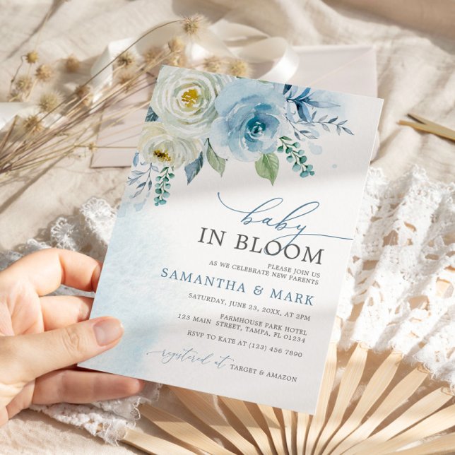 Baby in Bloom Dusty Blue Rose Floral Baby Dusche Einladung (Von Creator hochgeladen)