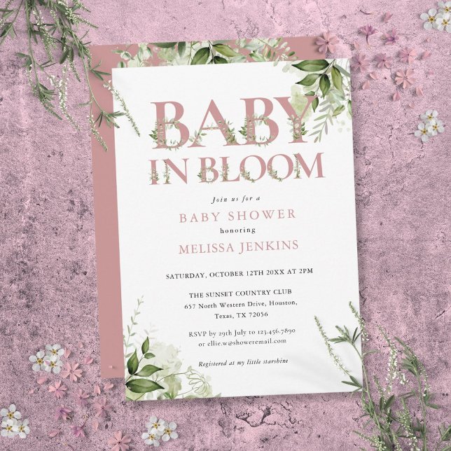 Baby in Bloom Dusty Rose Rosa Grünpflanzen Kinderd Einladung (Baby In Bloom Dusty Rose Pink Greenery Baby Shower Invitation)