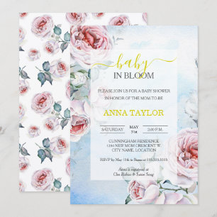 Baby in Bloom Elegant Bläserblauer Babydusche Einladung