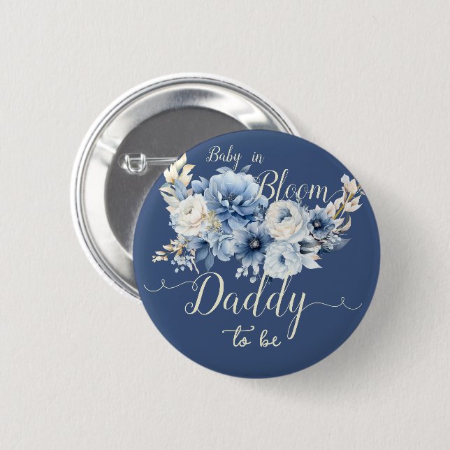 Baby in Bloom Elegant Blue Flowers Daddy-to-be Button (Vorne & Hinten)