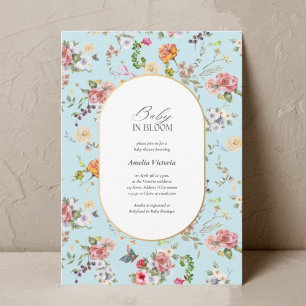 Baby in Bloom Elegant Blue Watercolor Baby Shower Einladung