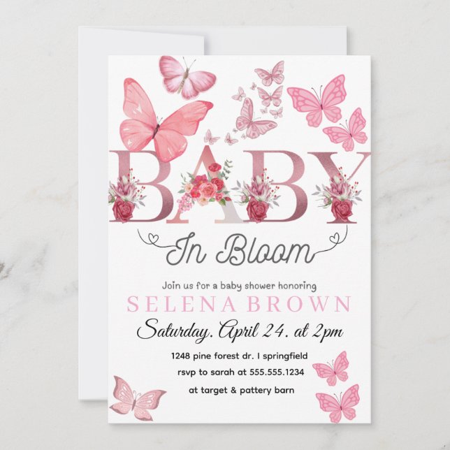 BABY In Bloom – Elegant Butterfly Baby Shower card Einladung (Vorderseite)