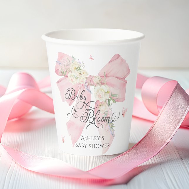 Baby in Bloom Elegant Soft Pink Bow Baby Dusche Pappbecher (Von Creator hochgeladen)