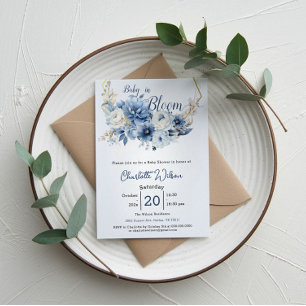Baby In Bloom Elegante blaue Blumen Babyparty Einladung