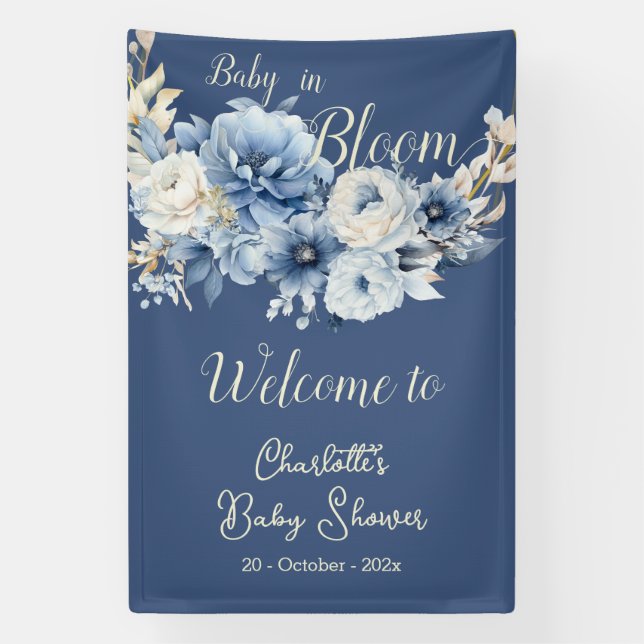 Baby in Bloom Elegante Blue Flowers Babydusche Banner (Vertikal)
