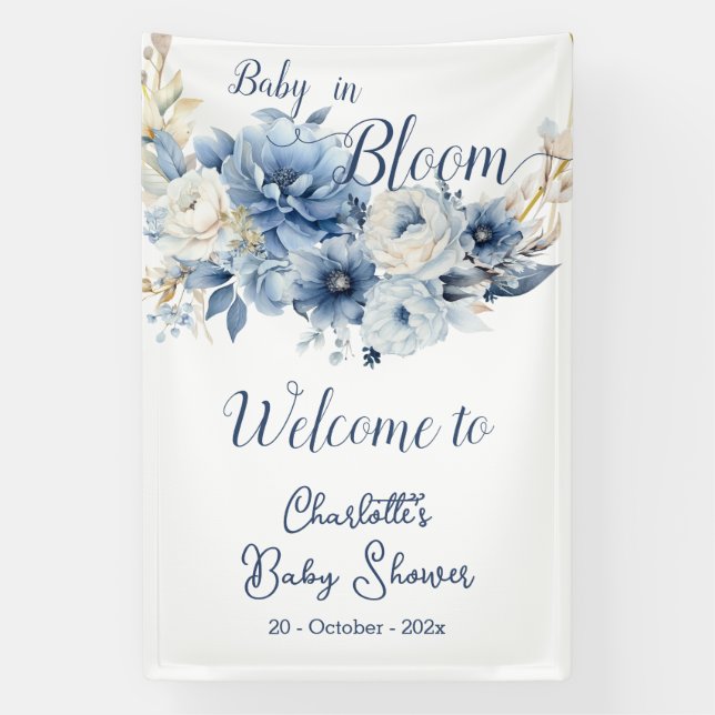 Baby in Bloom Elegante Blue Flowers Babydusche Banner (Vertikal)