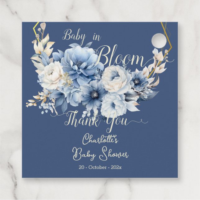 Baby in Bloom Elegante Blue Flowers Babydusche Geschenkanhänger (Rückseite)