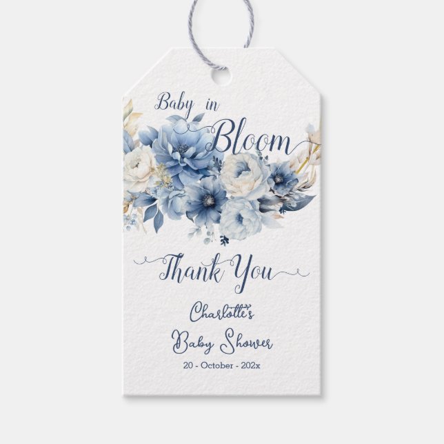 Baby in Bloom Elegante Blue Flowers Babydusche Geschenkanhänger (Vorderseite)