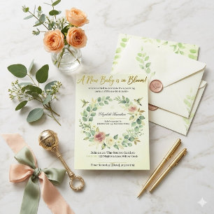Baby in Bloom Elegante botanische Blumen Einladung
