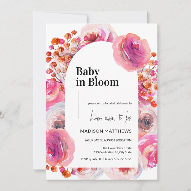 Baby in Bloom Floral Arch Summer Baby Dusche Einladung (Vorderseite)