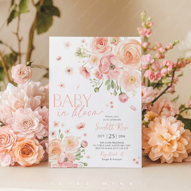 Baby in Bloom Floral Baby Dusche Pink Einladung (Baby in Bloom Floral Baby Shower Invitation)