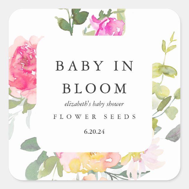 Baby in Bloom Floral Baby Dusche Weiß Quadratischer Aufkleber (Vorderseite)