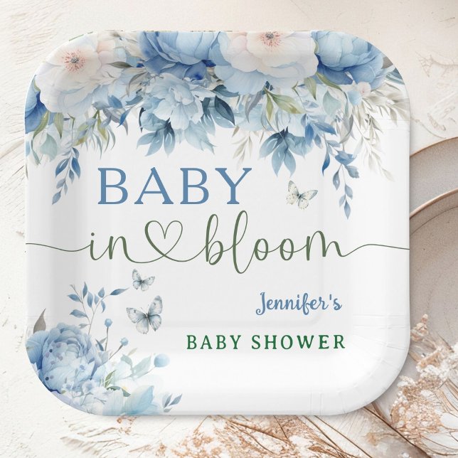 Baby in Bloom Floral Baby Shower Dusty Blue Pappteller (Von Creator hochgeladen)