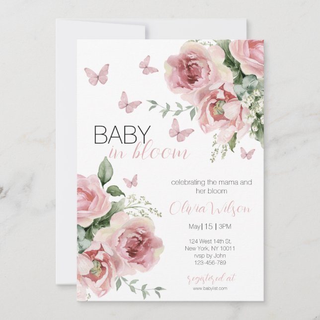 Baby in Bloom Floral & Butterfly Baby Shower  Invi Einladung (Vorderseite)