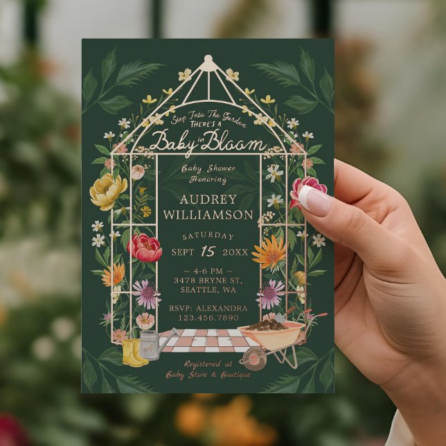 Baby in Bloom Floral Garden Greenhouse Baby Dusche Folieneinladung (Baby in Bloom Floral Garden Greenhouse Baby Shower Foil Invitation)