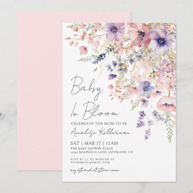 Baby In Bloom Floral Girl Baby Shower Einladung (Vorne/Hinten)