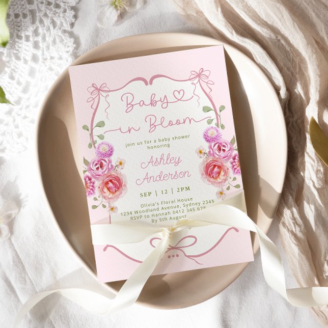 Baby in Bloom Floral Pink Bow Baby Dusche Einladung (Von Creator hochgeladen)