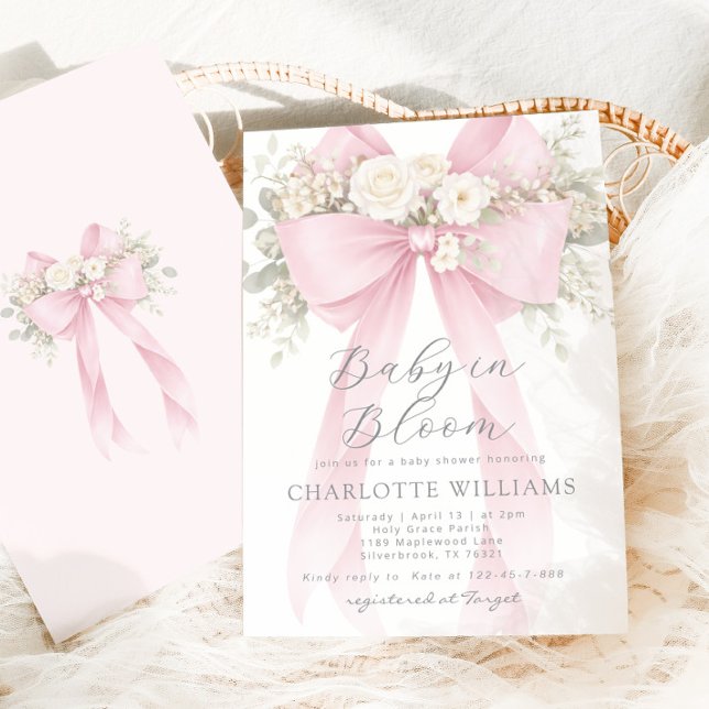 Baby in Bloom Floral Pink Bow Baby Shower Einladung (Von Creator hochgeladen)