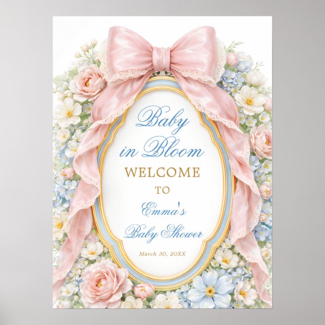 Baby in Bloom Floral Pink Bow Baby Shower Welcome Poster (Vorne)