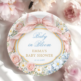 Baby in Bloom Floral Pink Bow Girl Baby Shower Pappteller