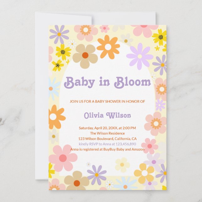Baby in Bloom Floral Retro Baby Dusche Einladung (Vorderseite)