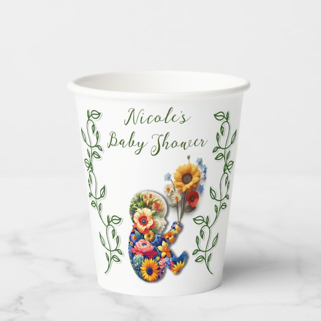 Baby in Bloom Floral Vine Leaf Babydusche Pappbecher (Vorderseite)