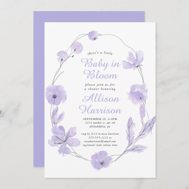 Baby in Bloom Floral Wasserfarbe Lavendel Dusche i Einladung (Vorne/Hinten)
