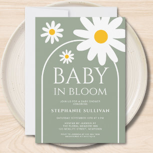 Baby in Bloom Gänseblümchen Salbeigrüne Babyparty Einladung