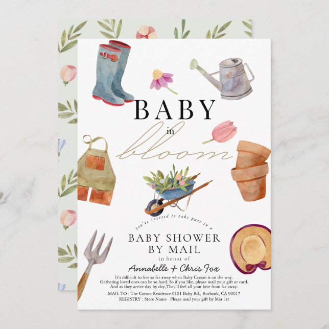 Baby in Bloom Garening Tools Kinderdusche per Mail Einladung (Vorne/Hinten)