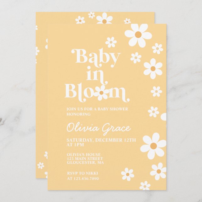 Baby in Bloom gelb Daisy Baby Dusche Einladung (Vorne/Hinten)